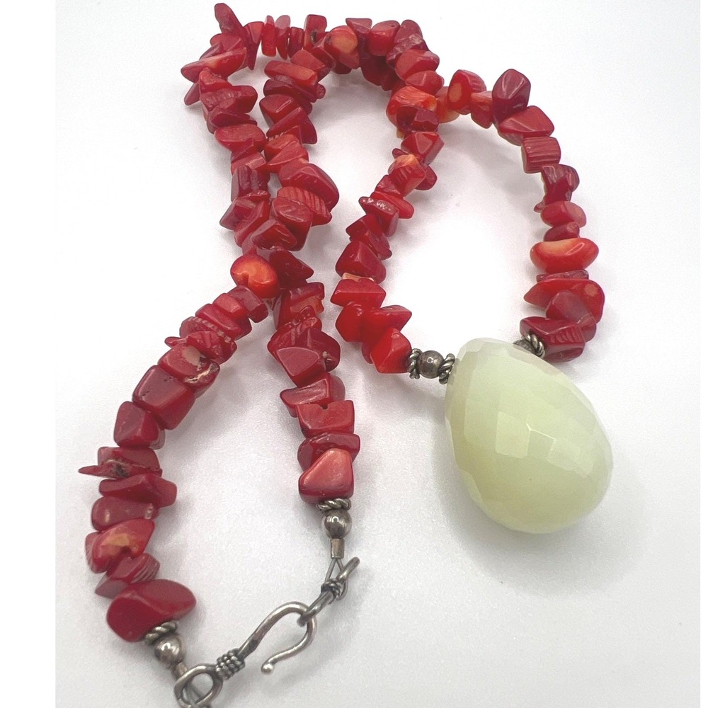 Artisan Red Coral Chip Necklace 18" Faceted Quartz Pendant 1.5" Sterling Accents